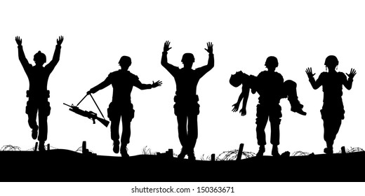 Editable vector silhouettes of a troop of defeated soldiers surrendering