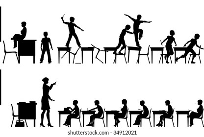 Editable vector silhouettes of two classroom scenes with all elements as separate objects