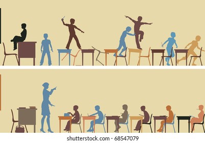 Editable vector silhouettes of two colorful classroom scenes