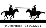 Editable vector silhouettes of two knights on horses jousting with all figures as separate objects