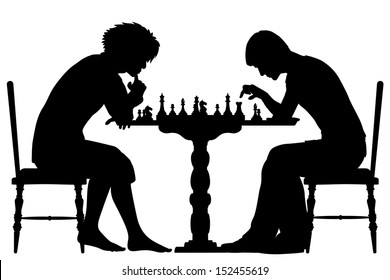 Editable vector silhouettes of two men playing chess with all elements as separate objects