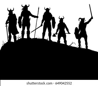 Editable vector silhouettes of a viking raiding party on a windswept outcrop with all figures and weapons as separate objects 