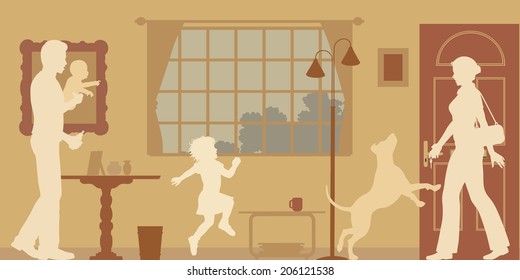 Editable vector silhouettes of a woman welcomed home by husband, children and dog