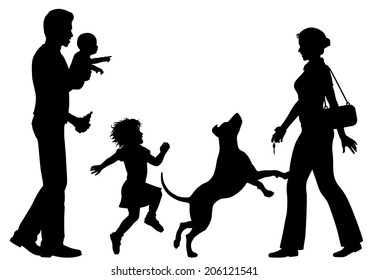 Editable vector silhouettes of a woman welcomed home by husband, children and dog with all figures as separate objects