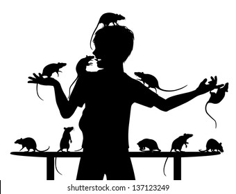 Editable vector silhouettes of a young boy and his pet rats with all figures as separate objects