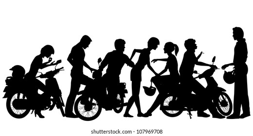 Editable vector silhouettes of a young motorcycle gang with all people and scooters as separate objects