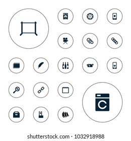 Editable vector single icons: washing machine, 1 casino chip, hanger, box, calendar, camera, clip, wine glass, home on phone display, chain, bell, sausage on white background.