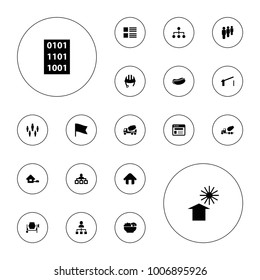 Editable vector site icons: helmet, structure, concrete mixer, menu, hot dog, group, browser, home, barrier, food, binary code, flag on white background.