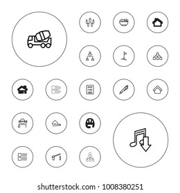 Editable vector site icons: house building, structure, pen, concrete mixer, menu, eating mouth, group, barrier, food, home, flag, binary code on white background.