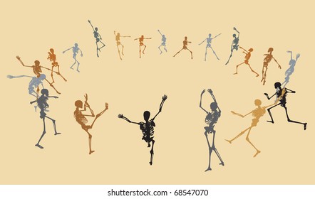 Editable vector skeleton silhouettes dancing in a ring