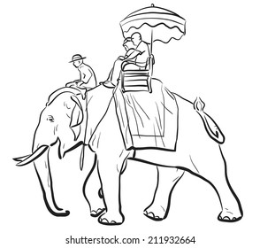 Editable vector sketch of tourists riding on an Asian elephant with mahout