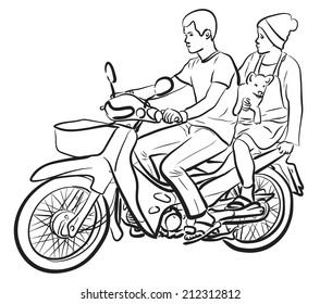 Esboço vetorial editável de duas pessoas e um cachorrinho em uma motocicleta