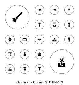Editable vector skin icons: alligator, cream tube, shaving brush, no hair in skin, hair removal, brush, bottle soap, cream box, shave hair in skin, lips on white background.