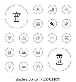 Editable vector sky icons: airport tower, cloudy weather, observatory, parachute, fountain, hang glider, sun, cloud, moon and stars, avenue, rocket, kite on white background.