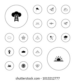 Editable vector sky icons: plane, rain, cloud, ladder to the sky, sun and moon, pyramid, paper airplane, luggage compartment in airplane, cloud sync on white background.