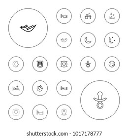 Editable vector sleep icons: bed, pacifier, pillow with heart on it, woman in hammock, sleeping emot, baby bed, medical bed, man sleeping on table on white background.