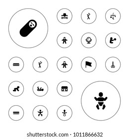 Editable vector small icons: baby, barn, bed mobile, baby walker, mirror, newborn child, pacifier, manicure scissors, store on white background.