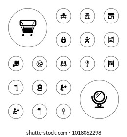 Editable vector small icons: baby, mirror, gift, flag, cargo barn, shop, teddy bear, playpen on white background.