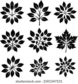 Editable vector and small shield images with different plant leaves that look like flowers, vector leaf shield, awesome plant leaf design editable black and white flower analogy, beautiful leaf design
