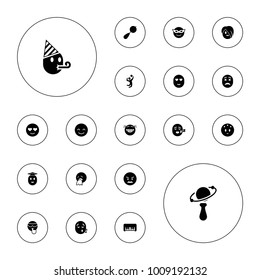 Editable vector smile icons: beanbag, piano toy, smiling emot, emoji in mask, angry emot, volleyball player, emoji listening music on white background.
