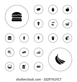 Editable vector snack icons: porridge, wrap sandwich, double burger with flag, cheeseburger, fast food cart, lollipop, burger, banana, ice cream, cookies on white background.