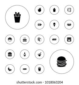 Editable vector snack icons: sausage, cream, french fries, donut, maple syrup, bread slices, cheeseburger, apple, cookie, banana, porridge, wrap sandwich on white background.