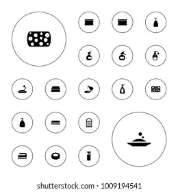 Editable vector soap icons: spray bottle, soap, sponge on white background.