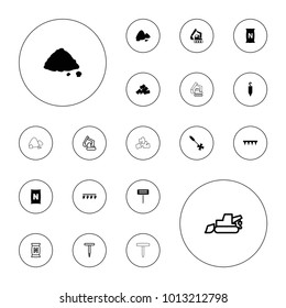 Editable vector soil icons: mud, gardening tool, plowing tool, bag with ground, ground heap on white background.