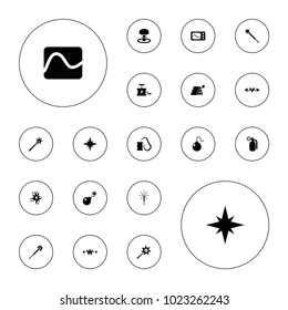 Editable vector spark icons: sparklers, electricity, bomb, sparkler, dynamite, explosion, smoking can on white background.