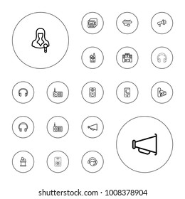 Editable vector speaker icons: megaphone, headphones, phone call, radio, woman speaker, volume, pin microphone, operator, headset on white background.