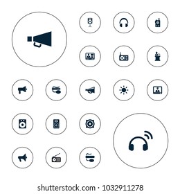 Editable vector speaker icons: megaphone, speaker, radio, tv speaker, pin microphone, loudspeaker, contrast, headset, walkie talkie on white background.