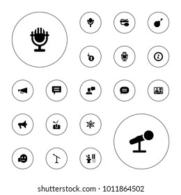 Editable vector speech icons: explosion, microphone, megaphone, tv speaker, pin microphone, chat, info, speaker, shave hair in skin, chatting man on white background.