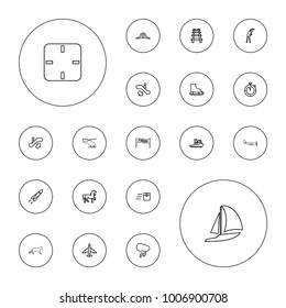 Editable vector speed icons: escalator up, escalator down, horse, exercising, express delivery, ice skating, railway, thunderstorm, rocket, boat, clock on white background.