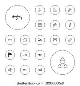 Editable vector speed icons: horse, boat, clock, skating, stairs, finish, bicycle, delivery car, running, sport car, flash, helicopter, stopwatch on white background.