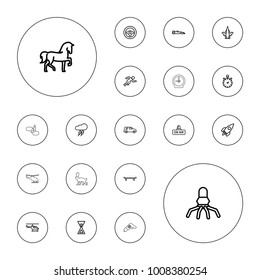 Editable vector speed icons: horse, skating, rocket, delivery car, open air, steering wheel, stopwatch, sport car, running, helicopter, thunderstorm on white background.