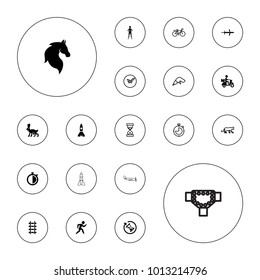 Editable vector speed icons: horse, hourglass, stopwatch, plane, panther, drill, bicycle, wall clock, rabbit, exercising, delivery bike, helicopter, road on white background.