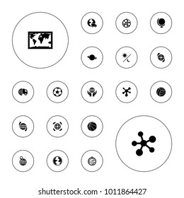 Editable vector sphere icons: international delivery, globe, world map, disco ball, atom, planet, qround the globe, volleyball, basketball, fotball on white background.