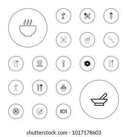 Editable vector spoon icons: bowl, fork and spoon, father with baby, fork and knife, soup on white background.