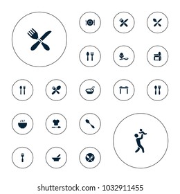 Editable vector spoon icons: bowl, spoon and fork, porridge, table with plates and pan, boiled egg, baby food, father with baby on white background.