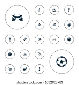 Editable vector sport icons: exercising, target, bottle for fitness, sport expander, pool, basketball, stopwatch, swimming, tennis rocket, rowing on white background.