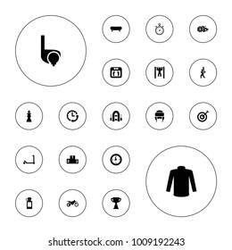 Editable vector sport icons: kick scooter, floor scales, sweater, winter hat, trophy, skate, bar   tightening, baseball player, basketball, ranking on white background.