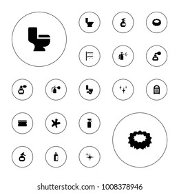 Editable vector spray icons: perfume, spray bottle, clean, splash, toilet, sponge, spray paint on white background.