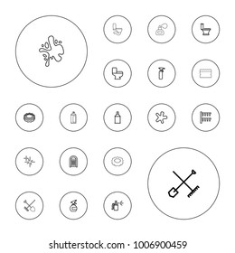 Editable vector spray icons: shovel and rake, spray bottle, splash, toilet, sponge, spray paint, irrigation system, perfume on white background.