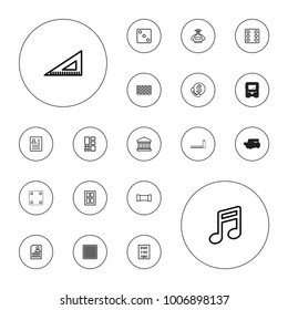 Editable vector square icons: window, perfume, dice, ruler, resume, note, chess board, bank support, brick wall, panorama mode, grid, court building on white background.