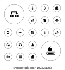 Editable vector stack icons: coin, binder, apple on book, paper, paper and apple on white background.