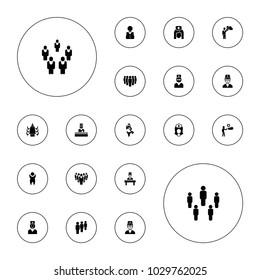 Editable vector staff icons: maid, nurse, group, man, doctor, meeting on white background.