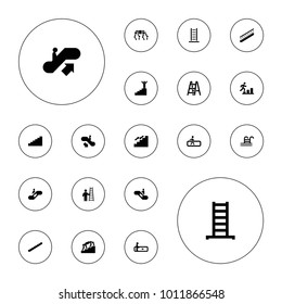Editable vector stair icons: escalator, escalator up, escalator down, ladder, stairs, man going up, man on stairs, man with ladder on white background.