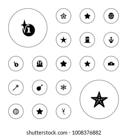 Editable vector star icons: star, star, explosion, disco ball, vip door, sheriff, ranking, celebrity, starfish, scorpion, sparklers on white background.