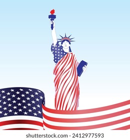  Editable Vector Statue of Liberty, elegantly adorned with a USA flag design. Ideal for E- and print graphics, showcase patriotic artistry in celebrating USA independence