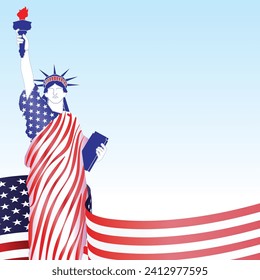  Editable Vector Statue of Liberty, elegantly adorned with a USA flag design. Ideal for E- and print graphics, showcase patriotic artistry in celebrating USA independence